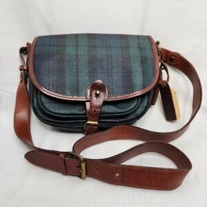 Polo Ralph Lauren Crossbody Bag Plaid Blue Green Vintage Leather Trim Saddle Bag